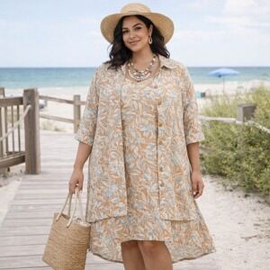 Catherines Womens‎ Dress Set 3X  Tropical Linen Blend 2 Pc Boho Coastal Resort